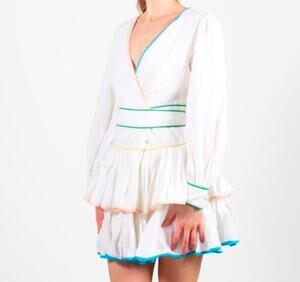 Maia Bergman Mika Linen Wrap Mini Dress White Rainbow Trim NWT Sz L Free People
